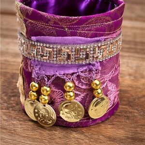 Boho Gold Coin Dangle Charm Cuff Bracelet Cochlea Gypsy OOAK USA Textile Gift